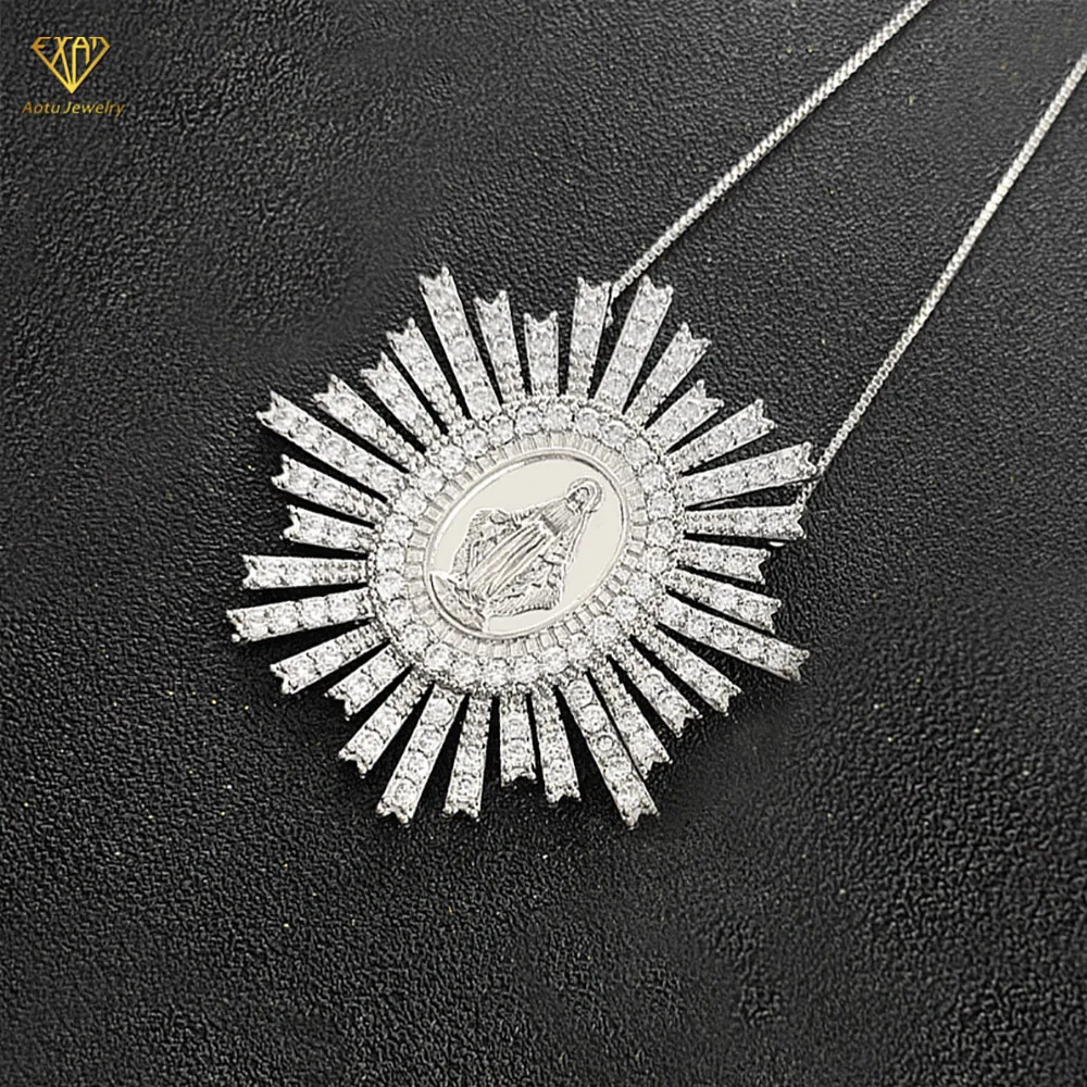 Religious jewelry stretch diamond Sunshine shape God of Mother Virgin Mary pendant necklace