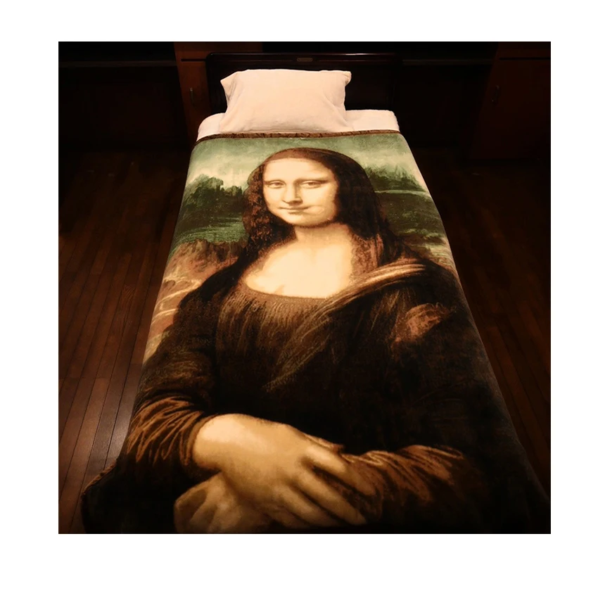 
Printed kids plush cotton knitted blanket with Mona Lisa pattern 