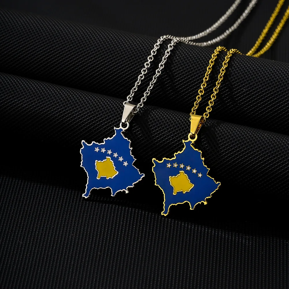 Factory Enamel Kosovo Flag Charm Necklace Stainless Steel 18K Gold Plated Enameled Kosovo Map Pendant Chain Necklace