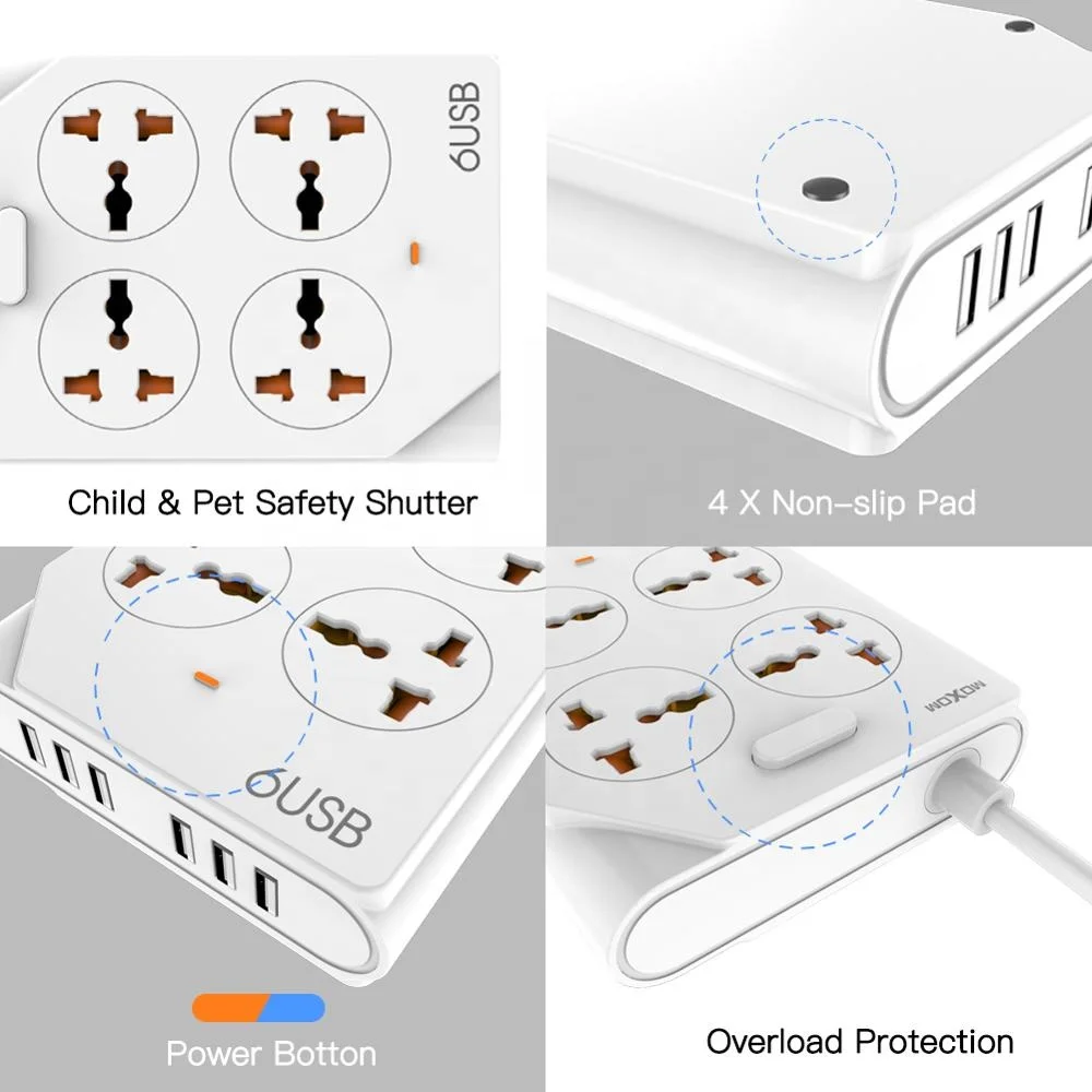 General Purpose Application 6 USB Ports 4 Way Extension Cord Socket With Switch 10A Power Strip With Fuse