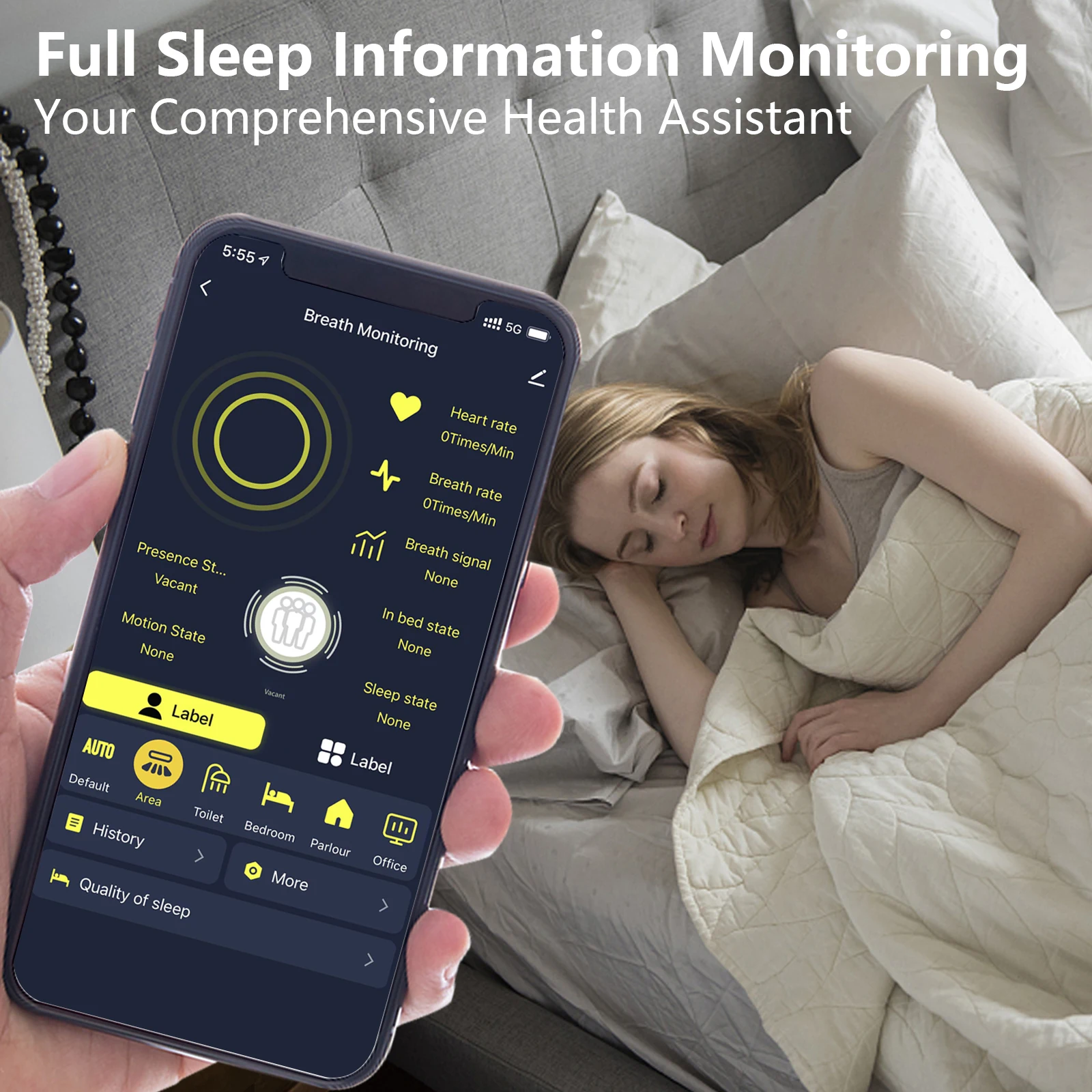 WiFi 110V-240V Radar Human Sensor with Breath Monitoring, Heart Rate Monitoring,Supporting App Check the Monitoring Data