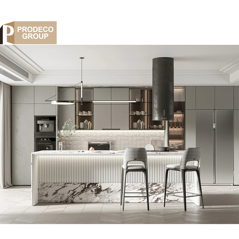 Prodeco Furniture Nigeria MDF High Gloss Lacquer Price Modern Kitchen Cabinet with Handles and Grey Black Doors for Project