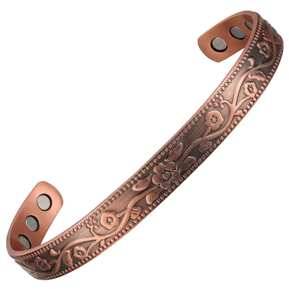 BioMagnetic Jewelry Solid 99.9% Pure Copper Flower Pattern Magnetic Bracelet Bangle For Women