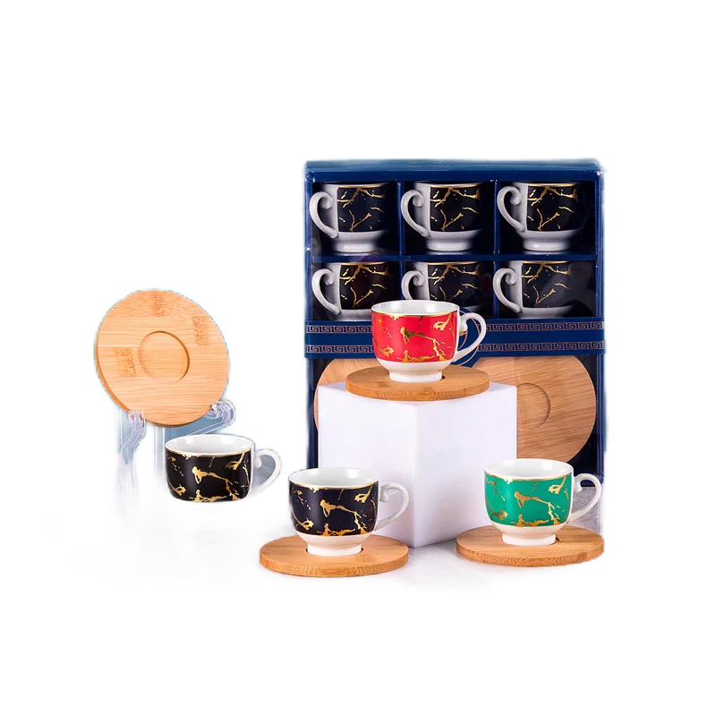 Turkish Coffee Cups Set Espresso Porcelain Cup And bamboo Saucer Arabic Coffee Set Modern Luxury 12pcs Ethiopian