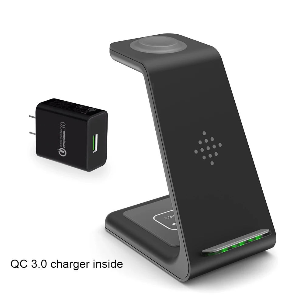 T3 wireless charger for iphone fast wireless charger 3 in 1 wireless charging station with QC 3.0 charger Packaging customized