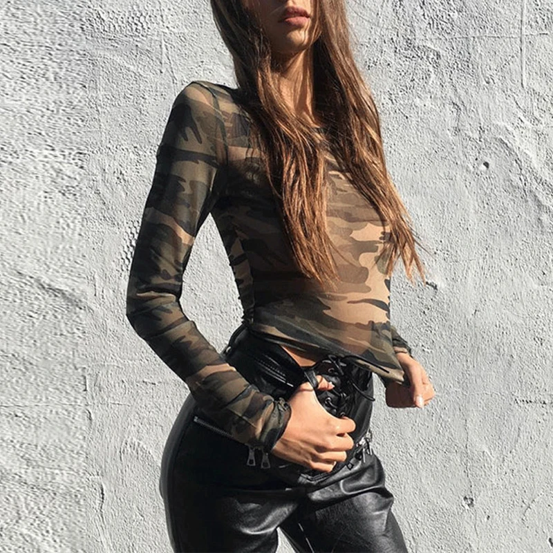 CA1717A boutique clothing young women clothes sexy sheer tops mesh see through crop top camouflage print shirts suppliers