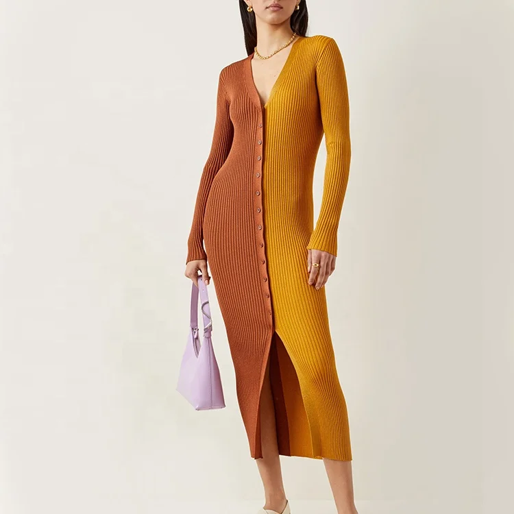 2022 оптовая продажа с фабрики темперамент пригородных одинакового цвета с v-образным вырезом с длинными рукавами на пуговицах с высокой талией на резинке вязаное платье