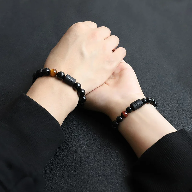 High Quality 12 Zodiac Natural Black Agate Stone Beaded Bracelet Yellow Tiger Eye Stone Bead Bracelet for Women Couple