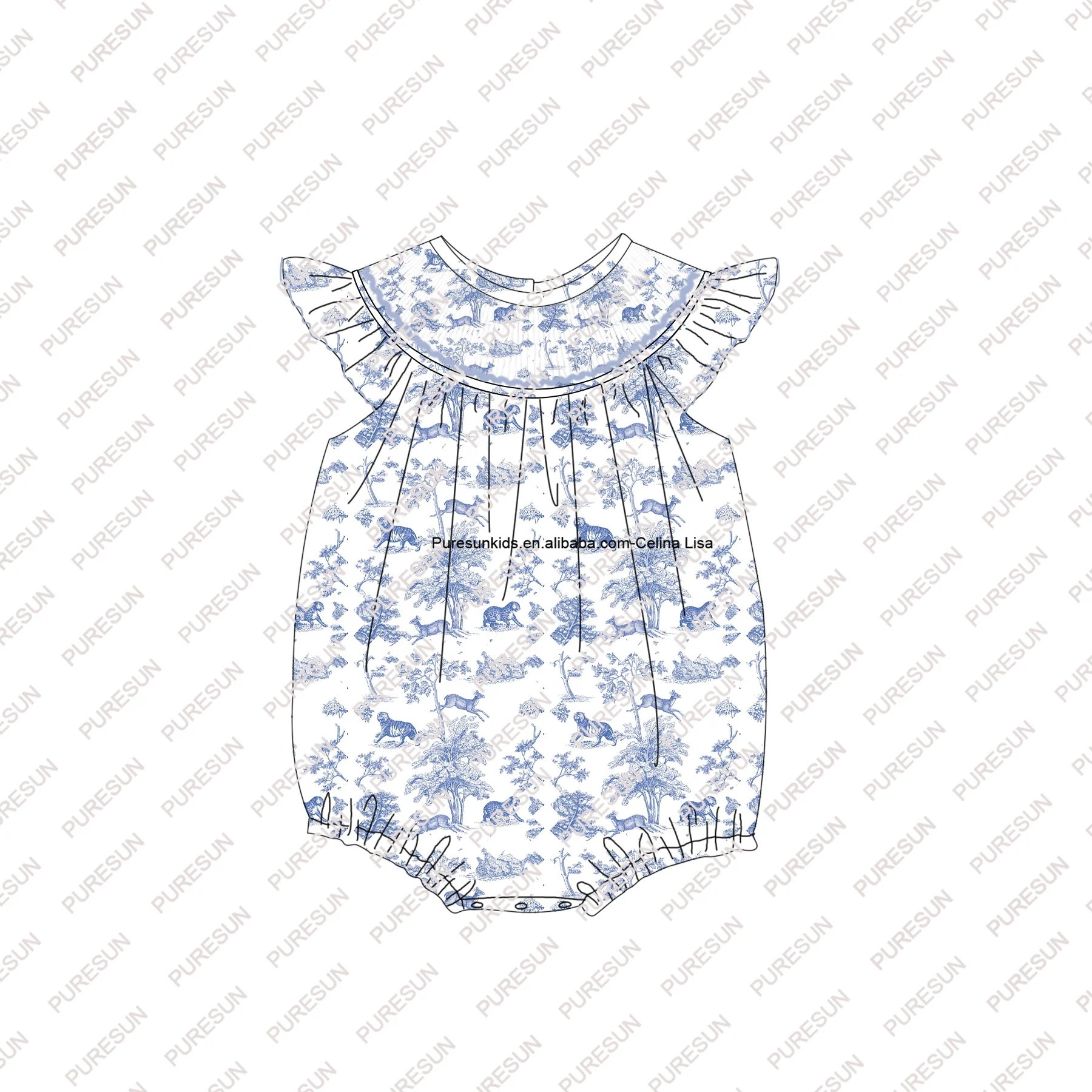 Puresun custom kids clothes animals tiger toile girls smock bishop romper newborn baby girl flutter sleeves bubble rompers
