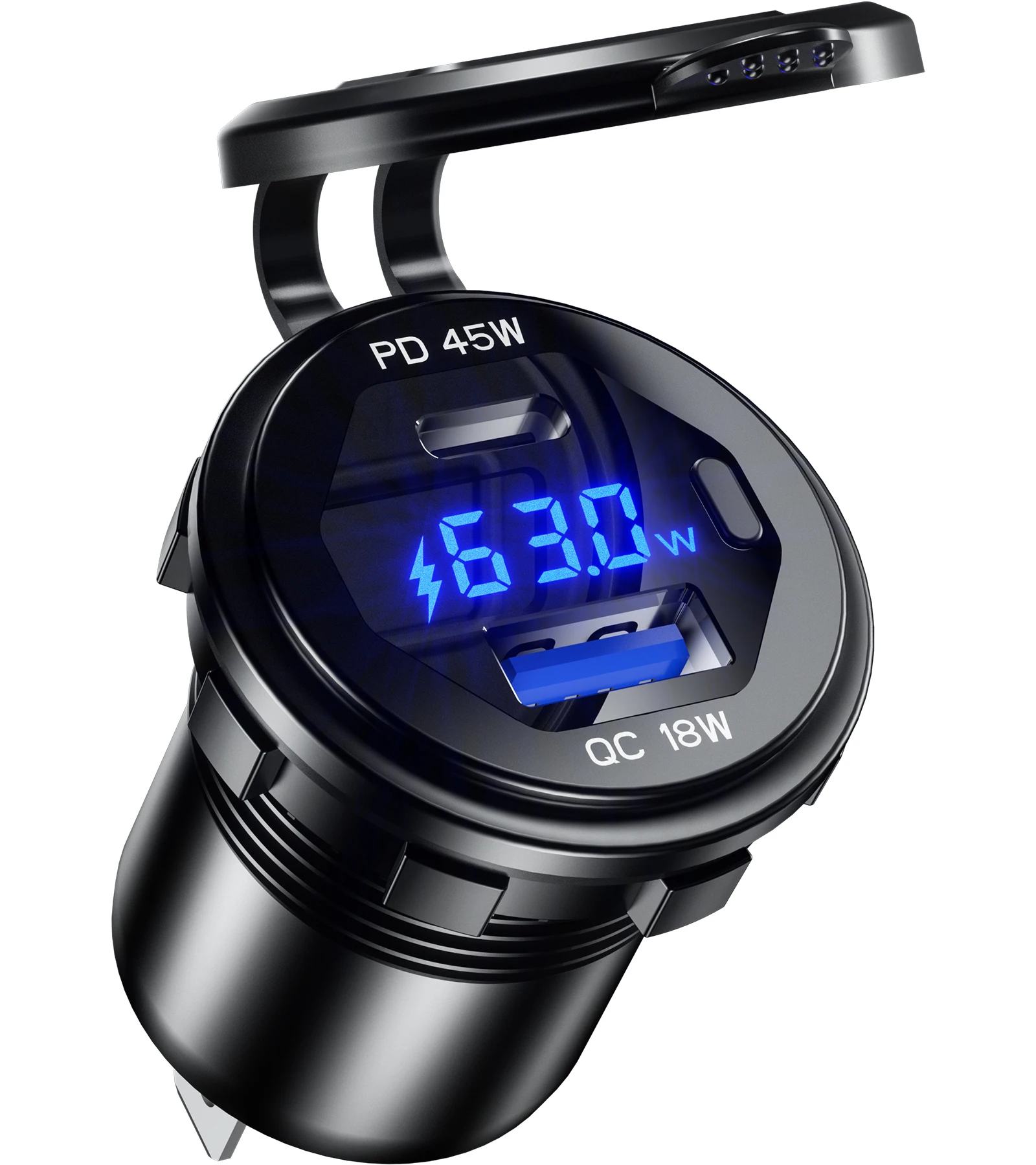 PD 45w And USB 18w Quick Charging Car Charger Socket Waterproof Car Charger Adapter With LED Display Voltmeter