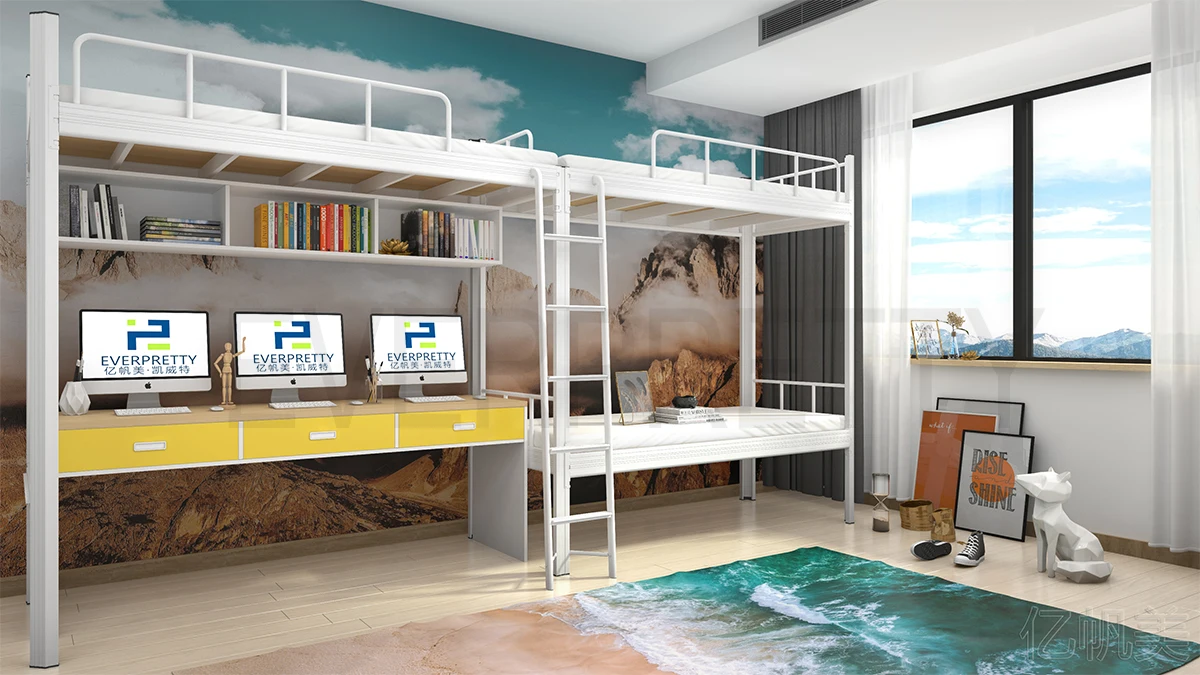 Тяжелые металлические двухъярусные кровати с столом для общежития