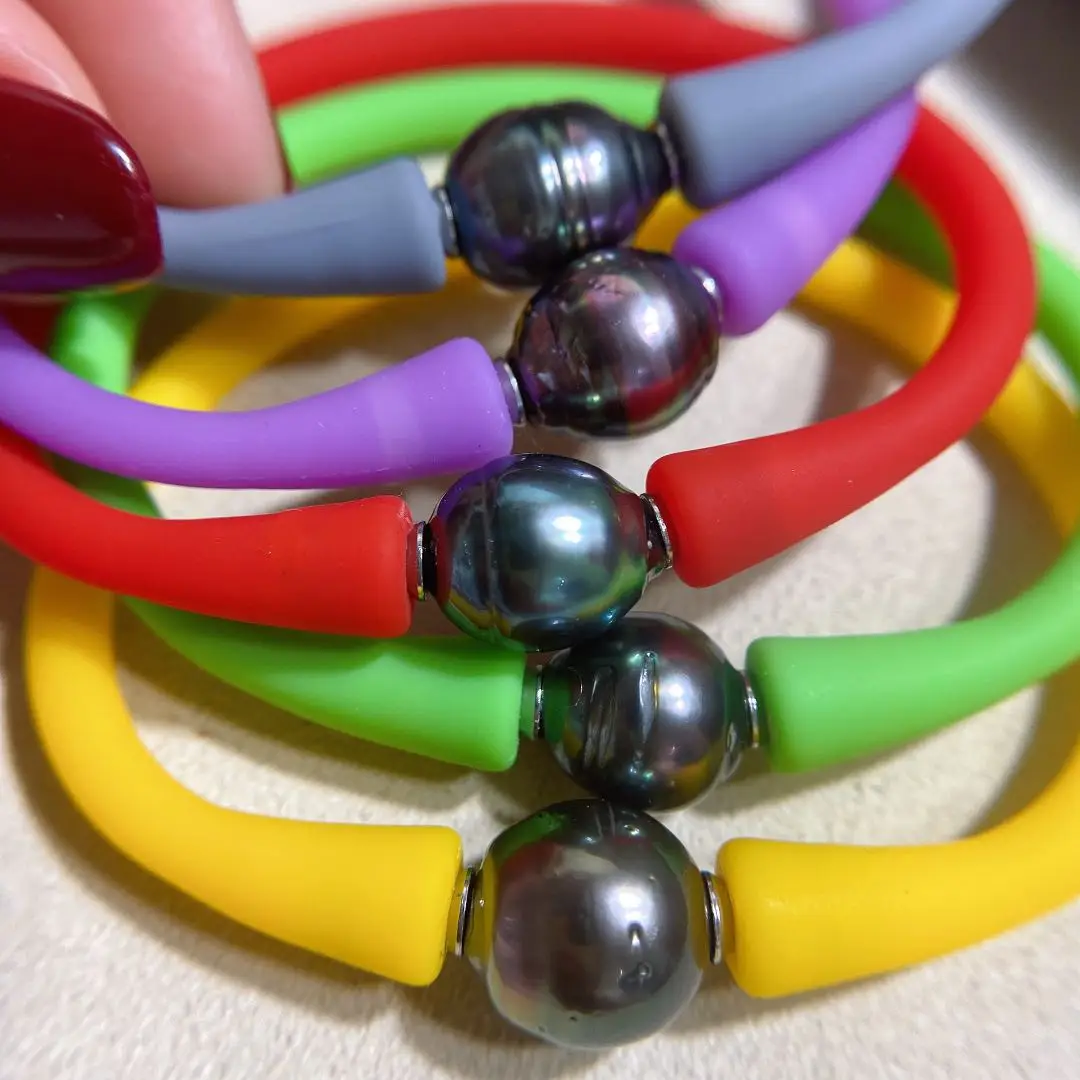 Silicone Tahiti Pearl Bangle Colorful Waterproof Bracelet 14.5-20cm Length
