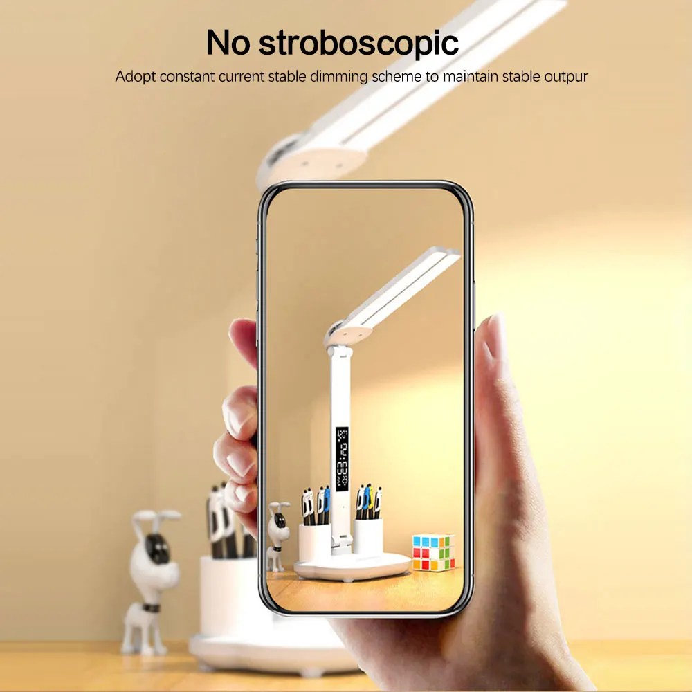 Foldable LED Desk Lamp Multifunction Table Lamp with Calendar Touch Night Light with Pen Holder for Bedroom Study Reading Lamp