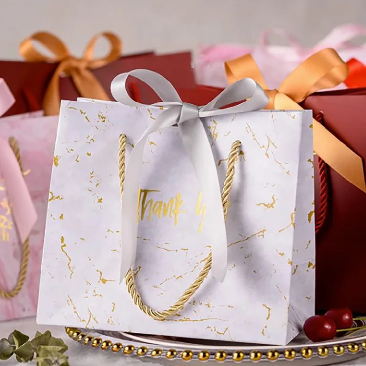 Custom Marbling Thank You Tote Bag Gold Luxury Gift Bag Fancy Wedding Paper Bag with Bow Ribbon