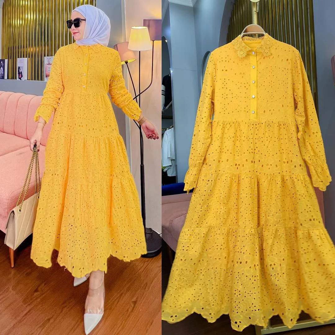 Eid Lace Floral Women Muslim Robe Bohemian Vintage Abaya Dubai Dresses Long Sleeve Loose Long Turkish Islamic Dresses