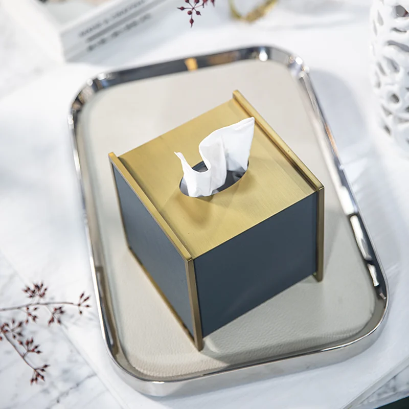 luxury red horsehair tissue box leather high-grade metal paper box coffee table napkin box hotel decoration leather tissue b0x