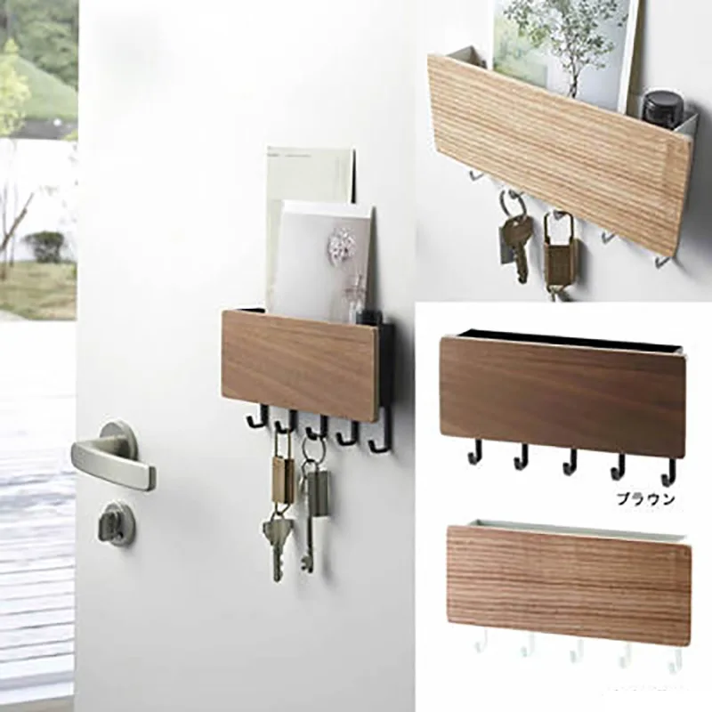 Home Entrance Wall Key Holder Hooks Punch-free Storage Box Door Entryway Multi-functional Wooden Miscellaneous Storage Rack