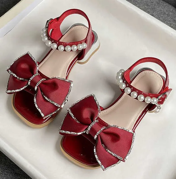 Factory Wholesale Daily Outdoor Summer Bowknot Sandals Princess Open-toe Pearl Girls Sandals Student Dress Sandals