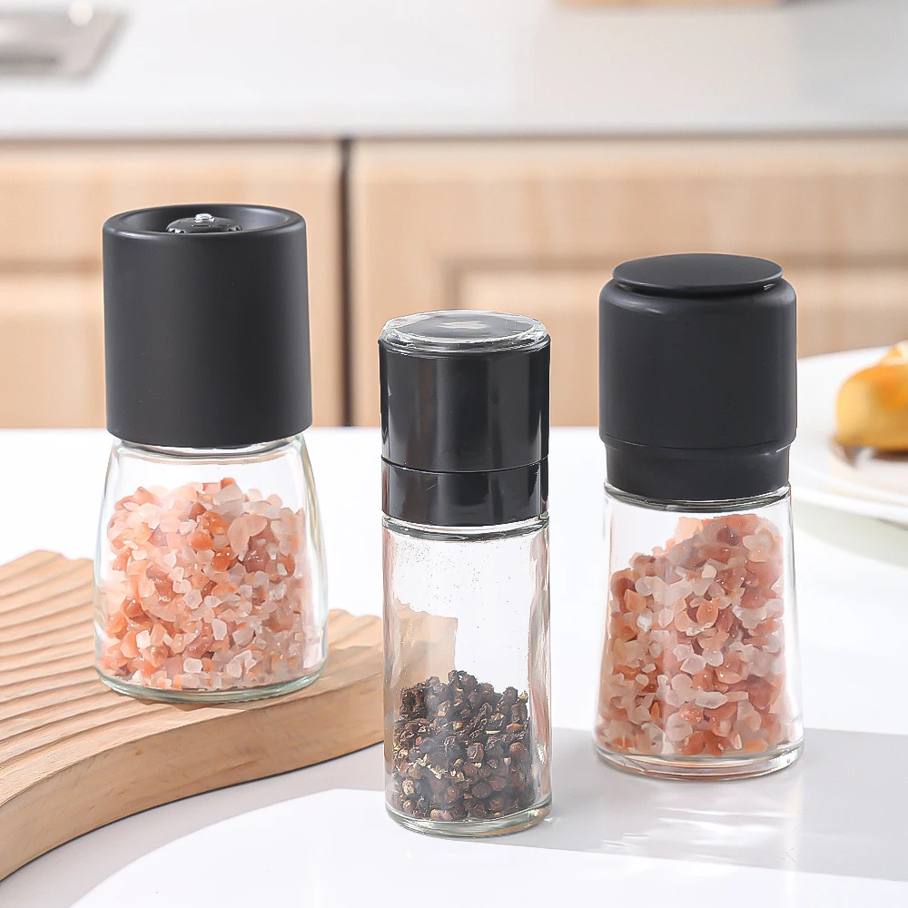Custom Box Black Color Salt Spice Grinder with Adjustable Coarse Mills Clear Transparent Glass Bottle with Black Plastic Grinder