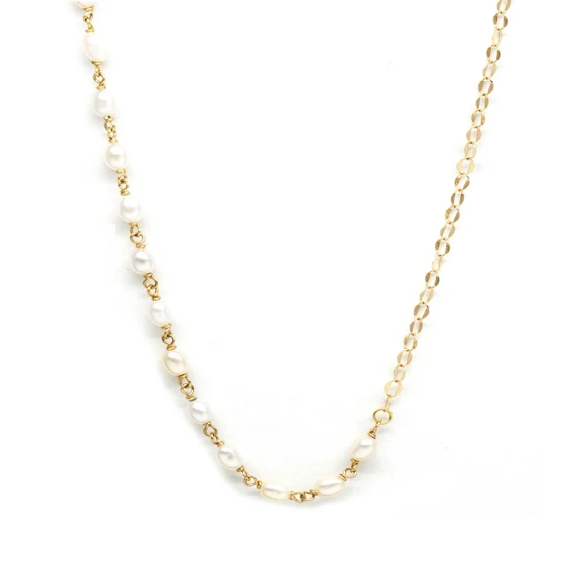 Milskye 925 silver hot sale jewelry 18k gold plated natural freshwater pearl oval flat chain necklace
