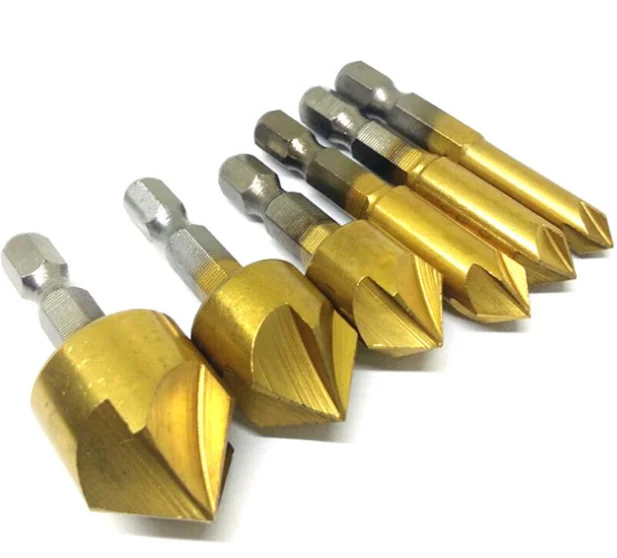 
6PC hexagonal handle titanium plated five-edge chamfer reaming chamfer 19mm 16mm 12mm 9mm 8mm 6mm wood reaming drill 