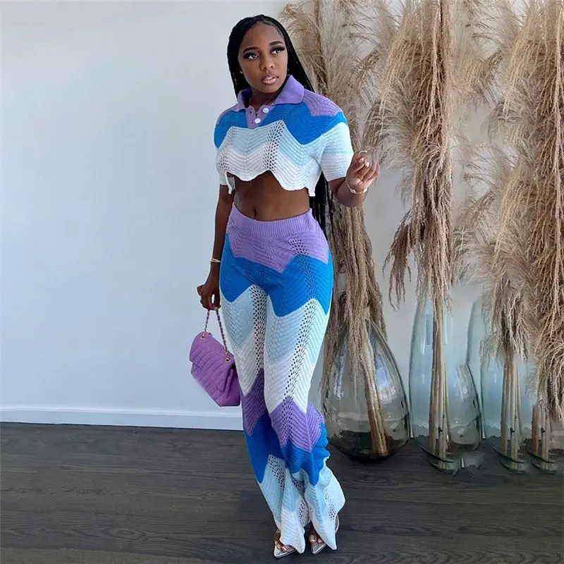 WQ419 Fall 2022 women clothes casual knitted contrast color Trousers Suit