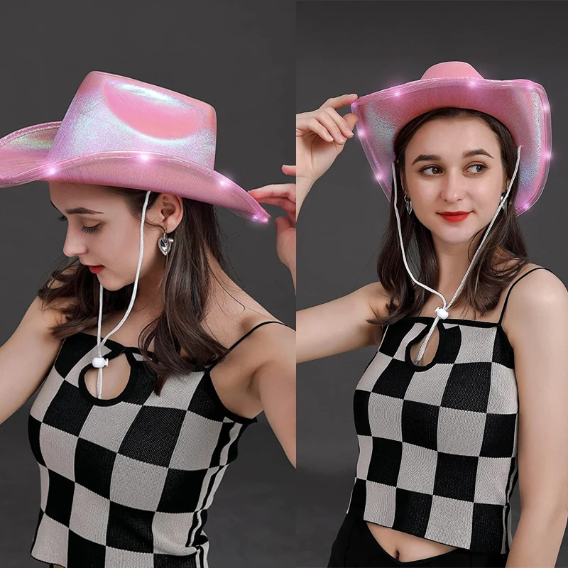 Light Up Holographic Led Flashing Hats Wholesale Western Styles Pink Red White And Blue Women Wool Cowboy Hat With Lights