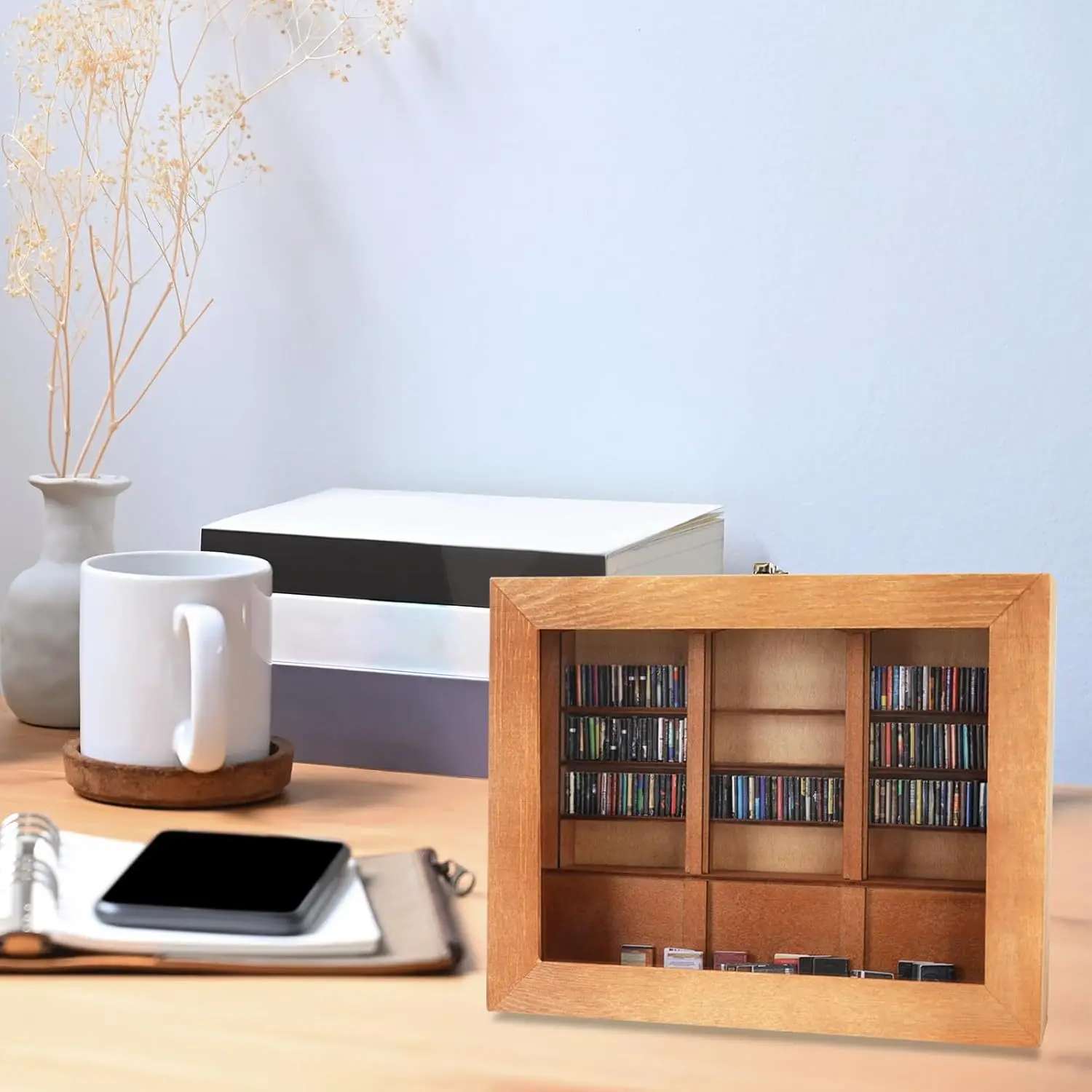Cross-border new mini bookshelf, wooden grid, miniature shake book storage box, creative anti-anxiety and anti-stress toy