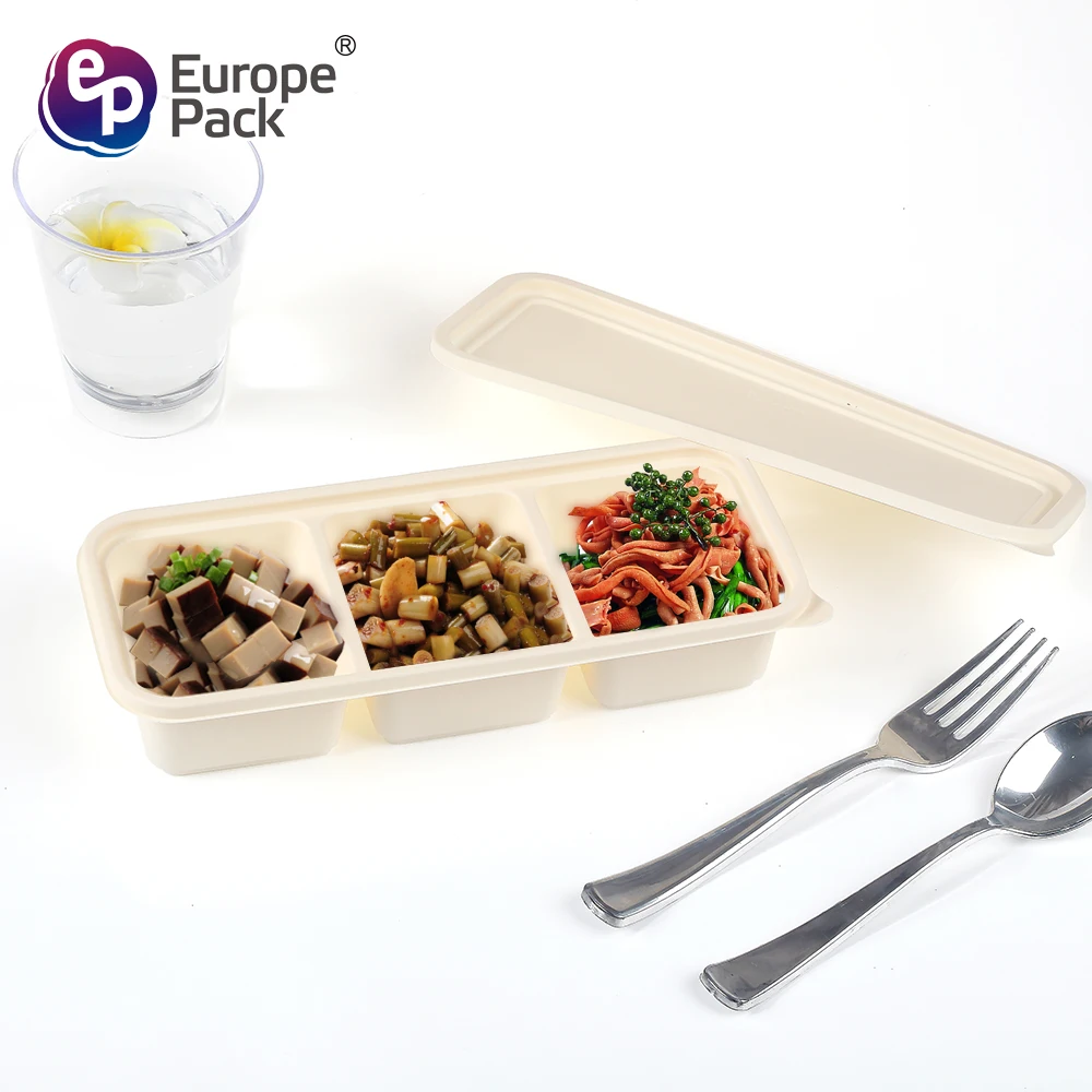 500ML Three Part Lunch Box Corn Starch For Food Container Degradable Tableware Square Shape