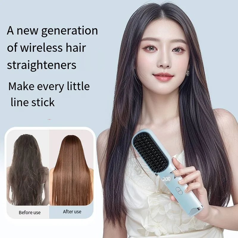 Customized USB Rechargeable Cordless Hair Straightener Portable Electric Wireless Hot Comb with Negative Ion for Hair Care Women