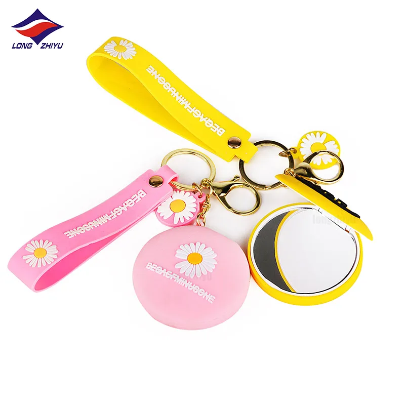 Longzhiyu Custom PVC Makeup Mirror Keychains with Flower Delicate Pink Cosmetic Mirror Keyrings for Promotional Gifts