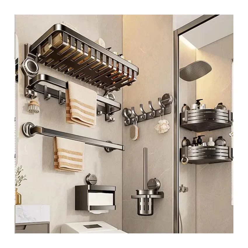 Towel shelf Suction Cup Bathroom Punch-free Wall-mounted   Rack Aluminum Folding Towel Rack
