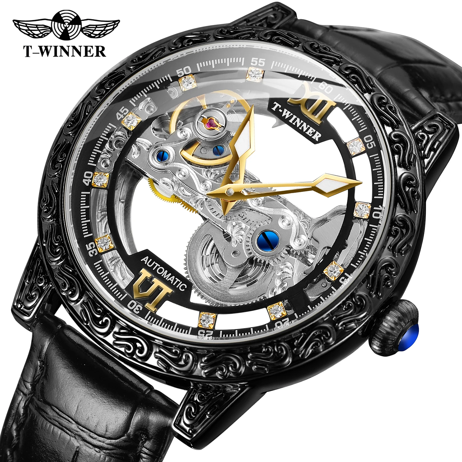 Winner Newest Gold Transparent Wrist Watches Luxury Man Reloj Montre Leather Skeleton Custom Mechanical Automatic Watch for Men
