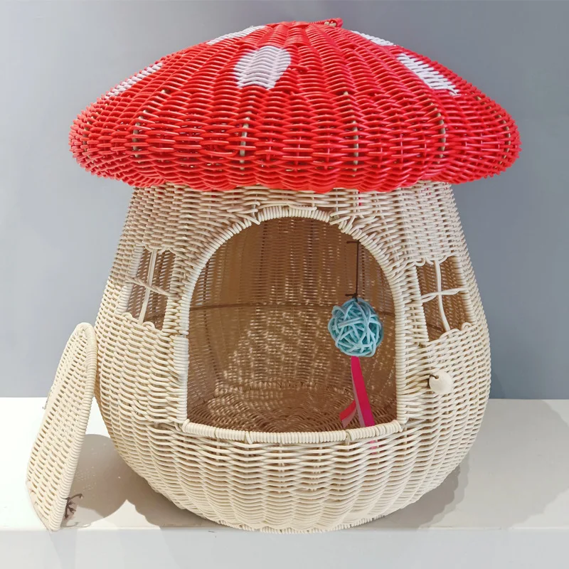 Pet Carrier Pet Bed Rattan Woven Bed Mushroom House Cat Nest Outdoor Home