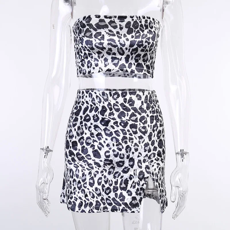 
womens clothing 2021 skirt set leopard crop tank top mini skirt velvet sets womens clothing two piece fashion 