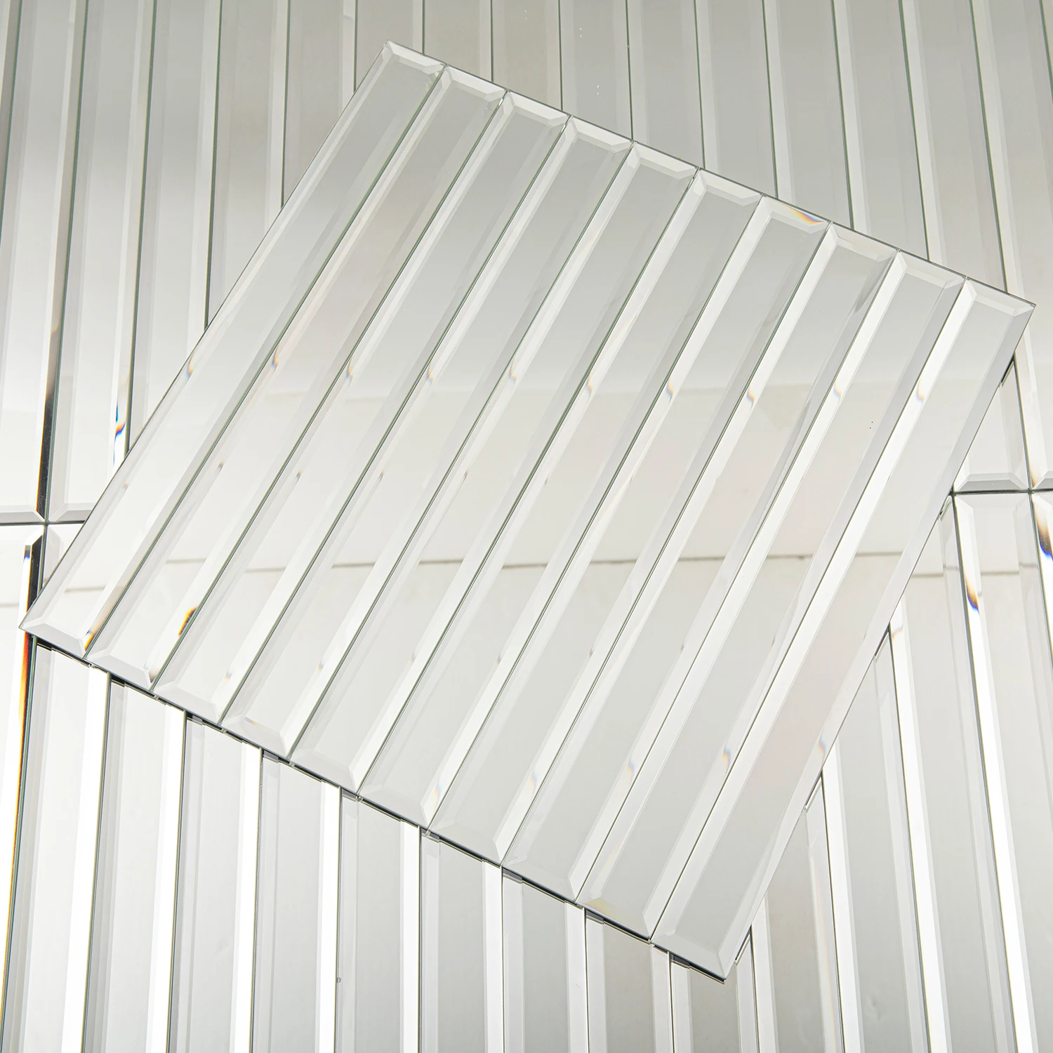 Beveled Edge Strip Mirror Glass Mosaic Tile Silver Mesh Backing 12 X 12 Inch