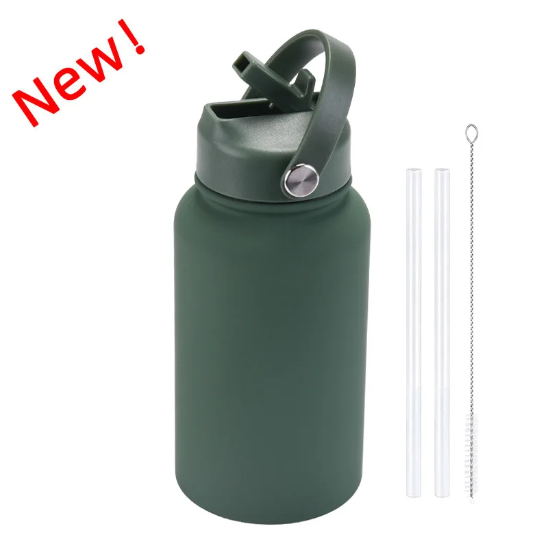 Custom Portable free Straw Large capacity 650ml  Wide mouth double wall stainless steel vacuum bottle handle Rubber paint