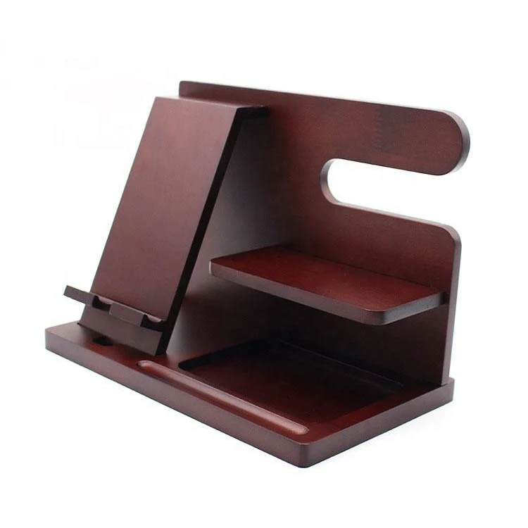 Custom Multifunctional Desk Organizer Wooden Stand Table Bracket Wood Desktop Charging Phone Docking Station