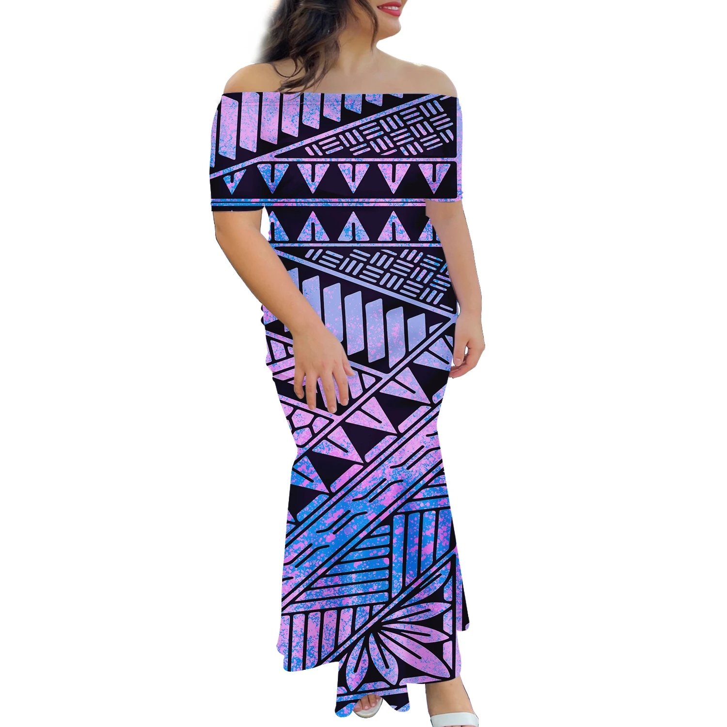 2022 New Design Custom Pacific Island Art Trumpet Mermaid Dress Polynesian Short Sleeve Fishtail Dress Plus Size Womens Dresses