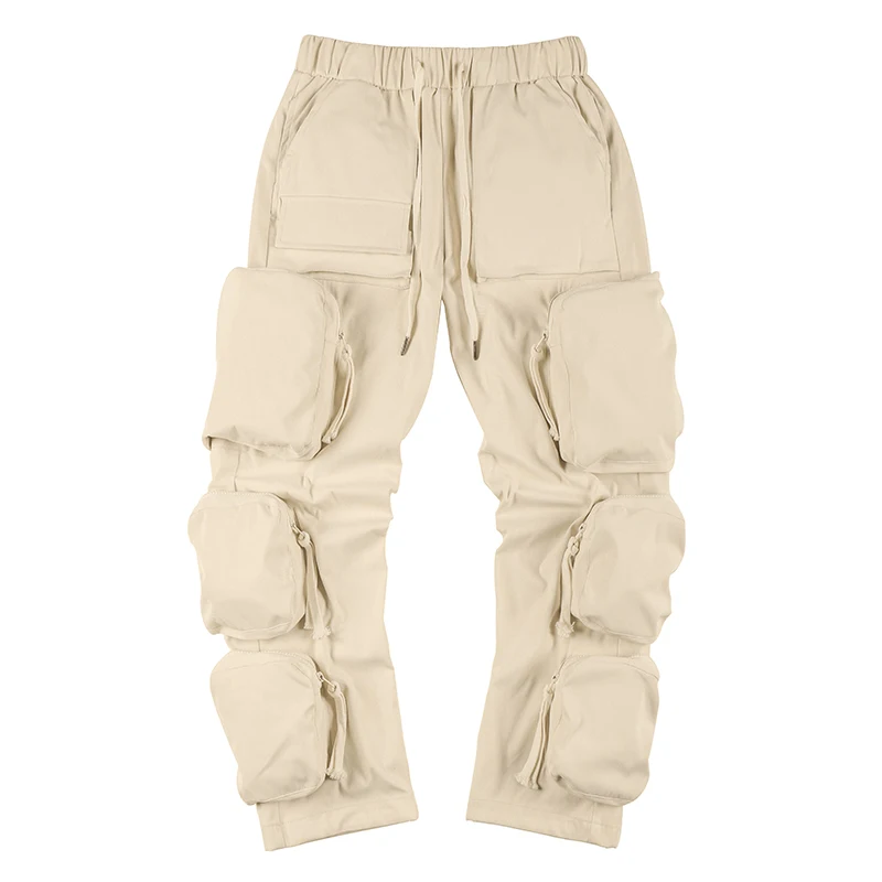 
Fashion streetwear drawstring zipper overalls six pocket wear resistant mens cargo pants 