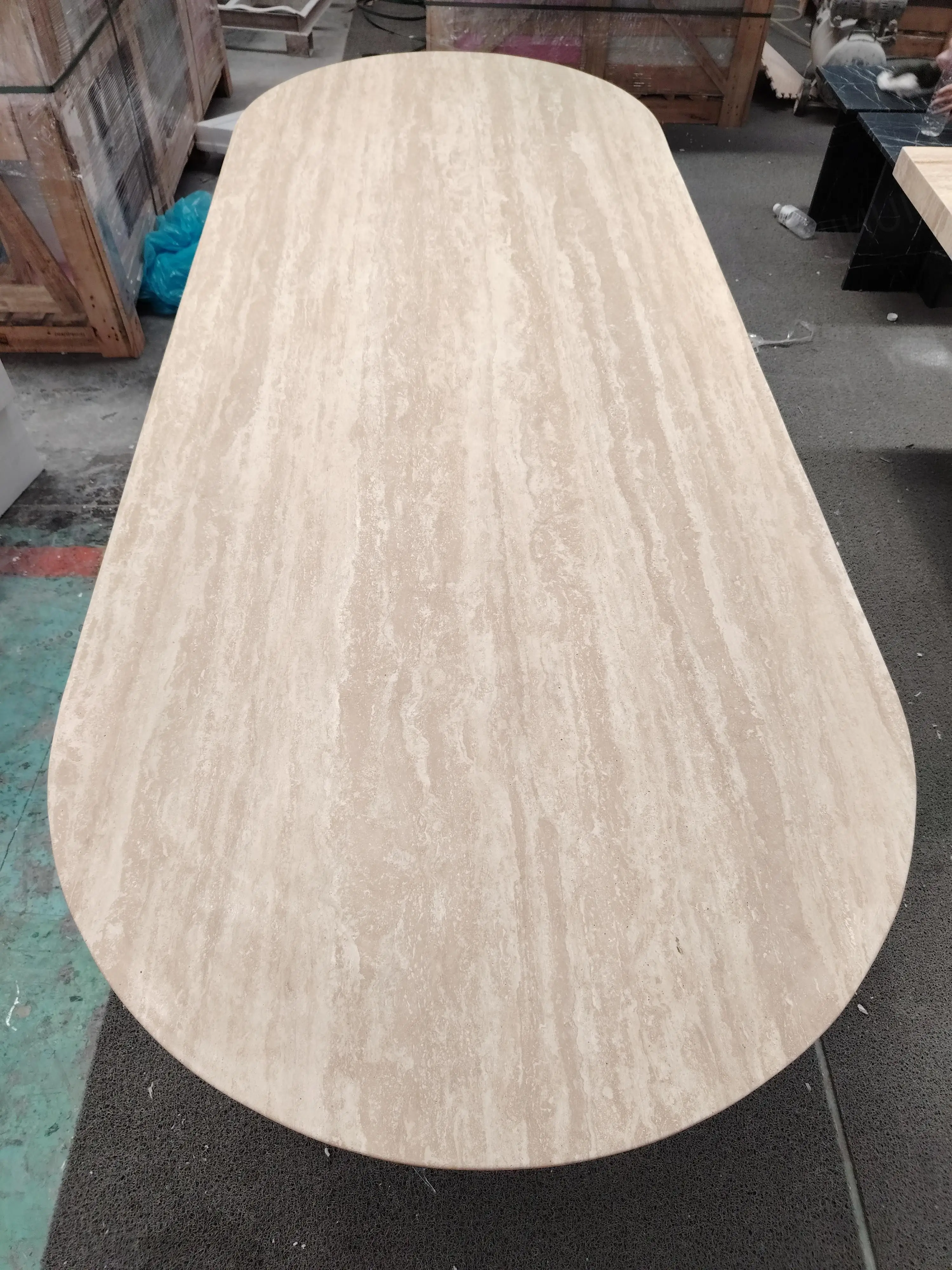 SHIHUI Customized Design Oval Furniture Natural Stone Beige Travertine Large Marble Dining Tables Luxury