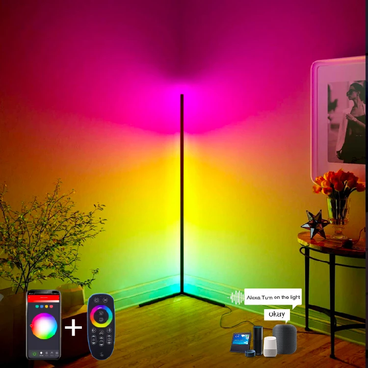Modern nordic remote app control vertical color changing multicolored minimal RGB light tripod standing led corner floor lamp