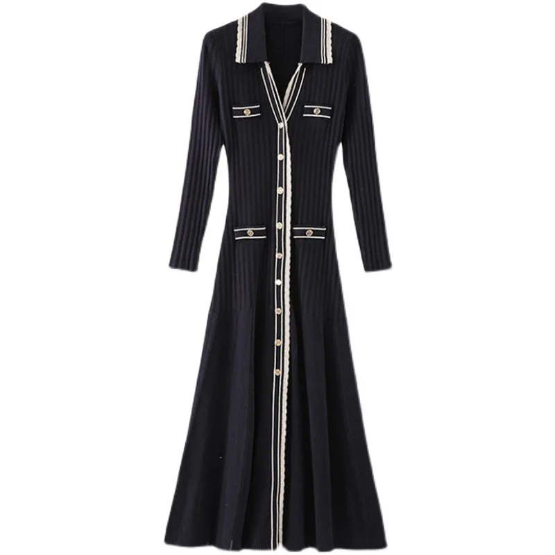 New long dress French contrast color striped style long sleeve knitted dress for women Autumn dresses for women
