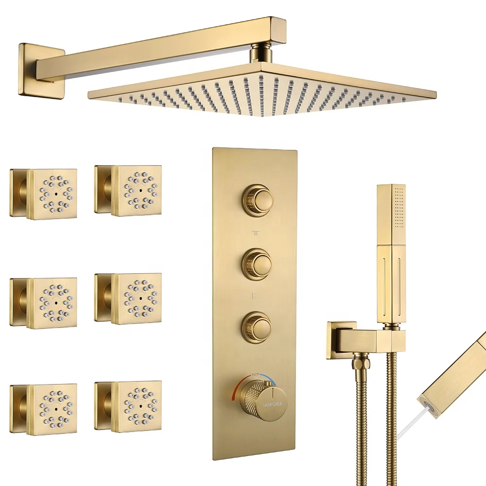 Hot Sale Square Brushed gold bathroom shower hot and cold shower mixer, in wall mounted rain concealed all copper shower set