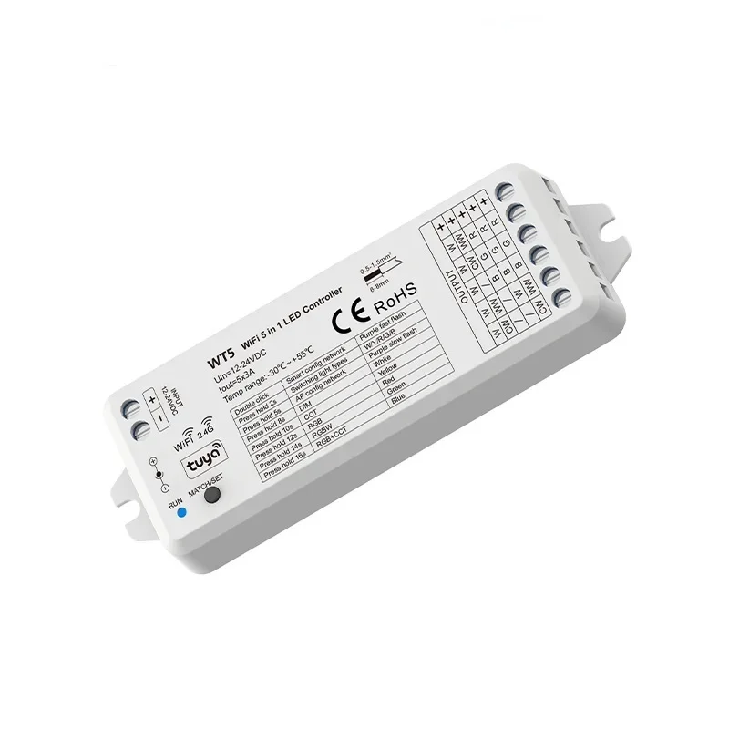 WT5 Tuya SPI WiFi LED Controller 5 Channels CCT RGB RGBW RGBCCT Strip Light 12V 24V Wireless 2.4G RF 5 1 Dimmer 12-24V DC 5 1