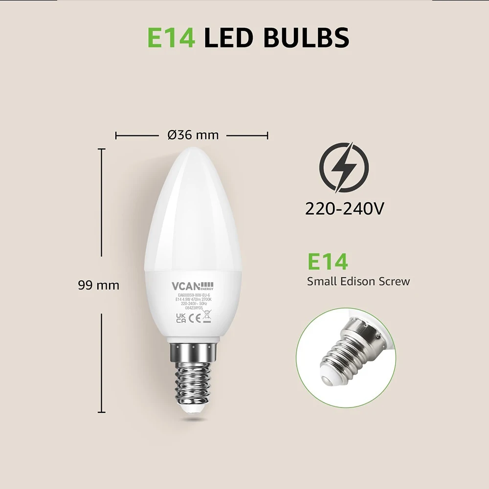 VCAN E14 LED Non-Dimmable Candle Light Bulbs 5W 5000K Daylight White 470lm 40W Equivalent Energy Saving decorative Led Bulb