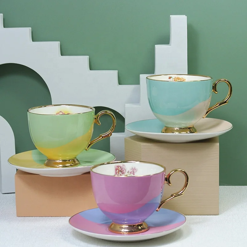 Porcelain Contrast Color Gradient Tea Cups and Saucers Set Pink Blue Green Luxury Ceramic Coffee Cup set