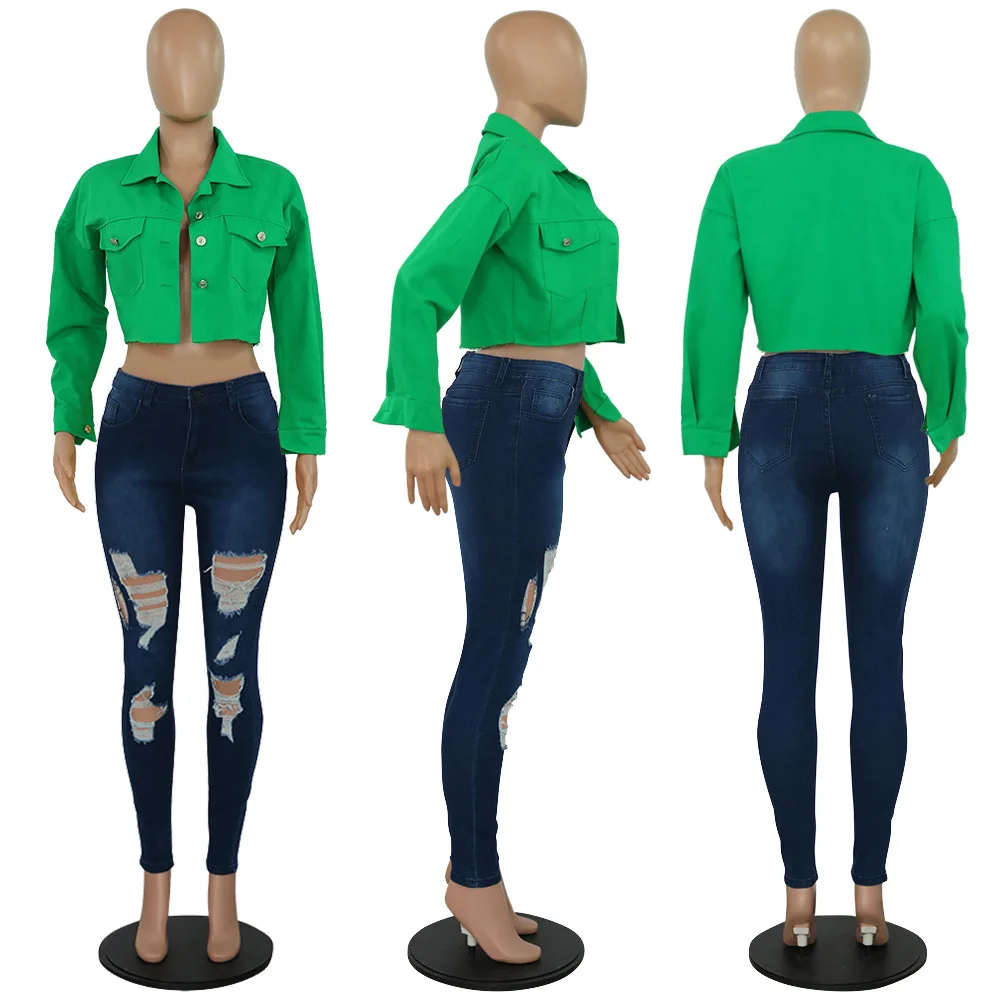  Drop Shipping 1pcs 2021 Fall Blazer Jackets Wholesale Autumn Casual 4 Color Plus Size Long Sleeve Women Cropped Denim