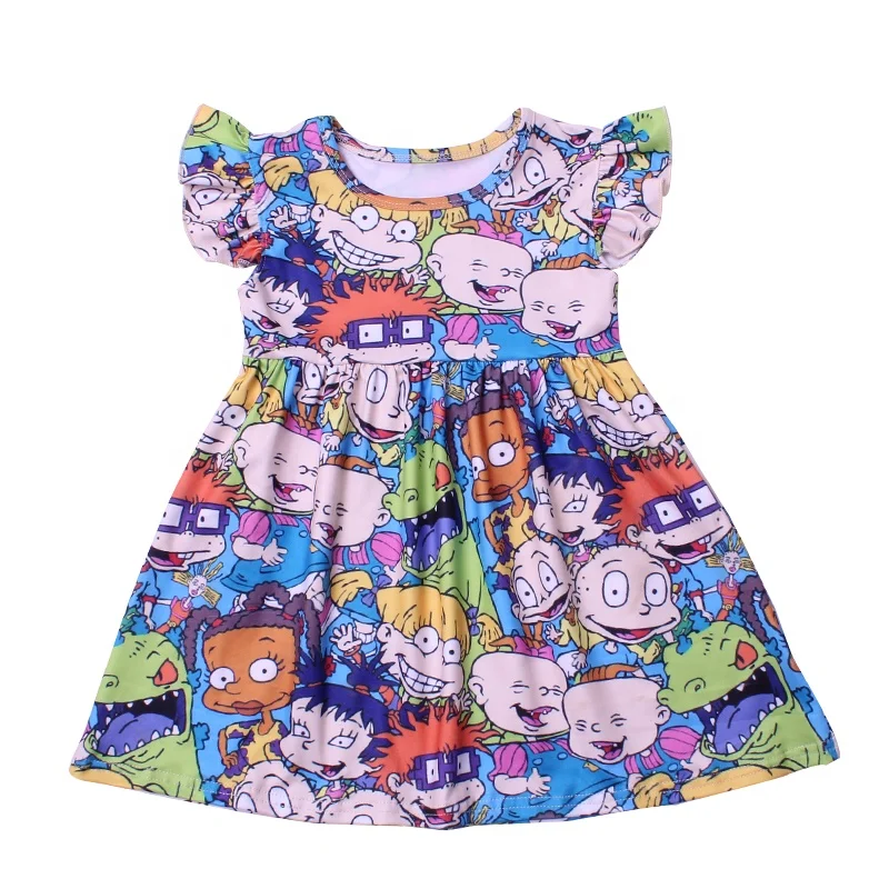 2020summer kids wearing clothes teenage girl frock design milk silk cute cartoon frock pattern latest flutter sleeve girl skirts