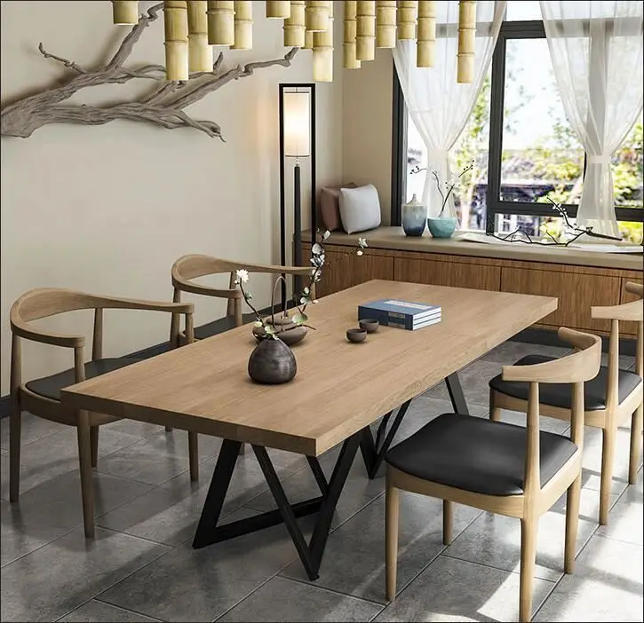 American Style Solid Wood Long Dining Table Set With 6 Chair